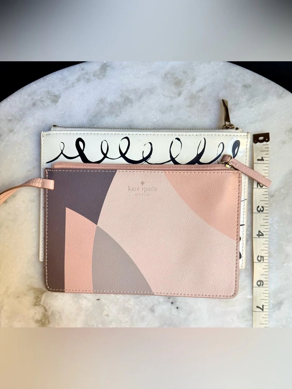 Kate Spade Zip Pouch Set of 2 - Geometric Leather Wristlet & Printed Clutch